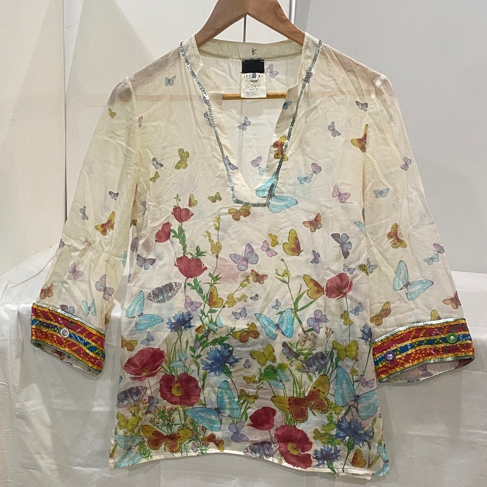 VTG 90’s D&G Sheer Cotton, Sequins Floral Butterfly Print Tunic Blouse VGUC 26/4
